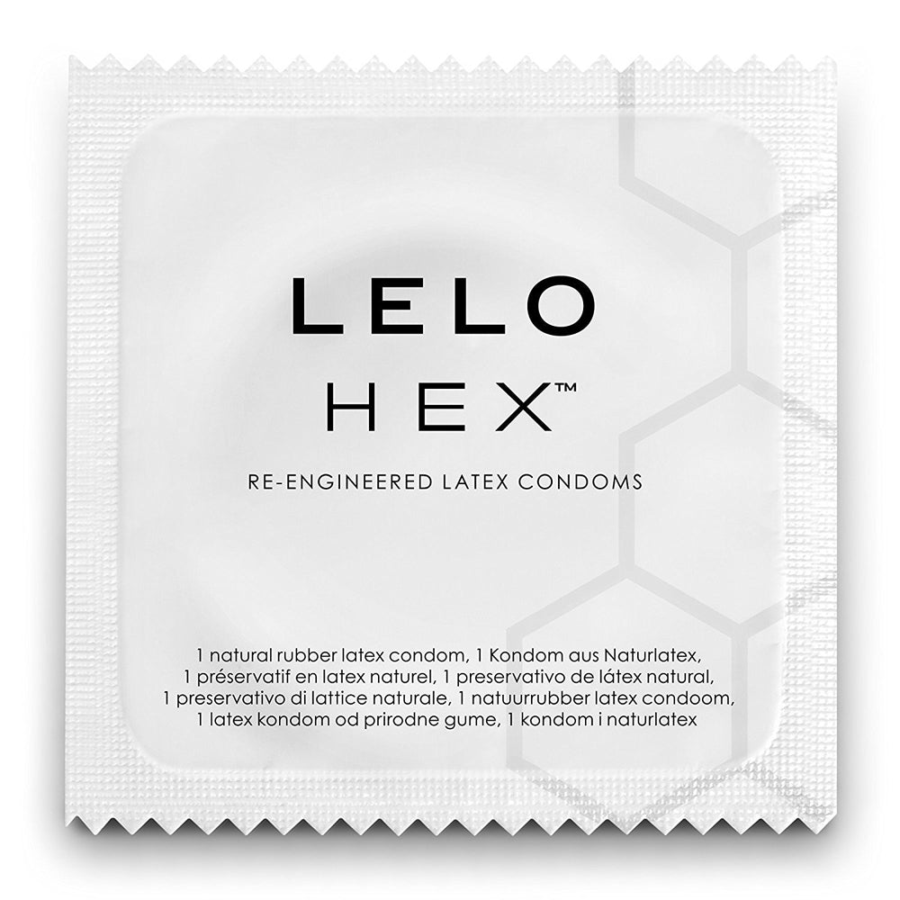 Package of an individual Original Lelo Hex condom. The package is white with hexagonal shapes.