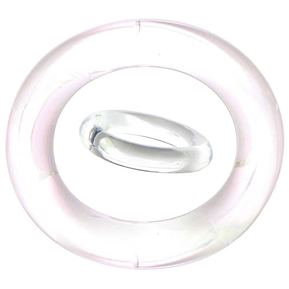 A textured, up-close photo of a clear cock ring from the Screaming O Ring O xL package. The photo shows the cock ring from two different angles against a white background.