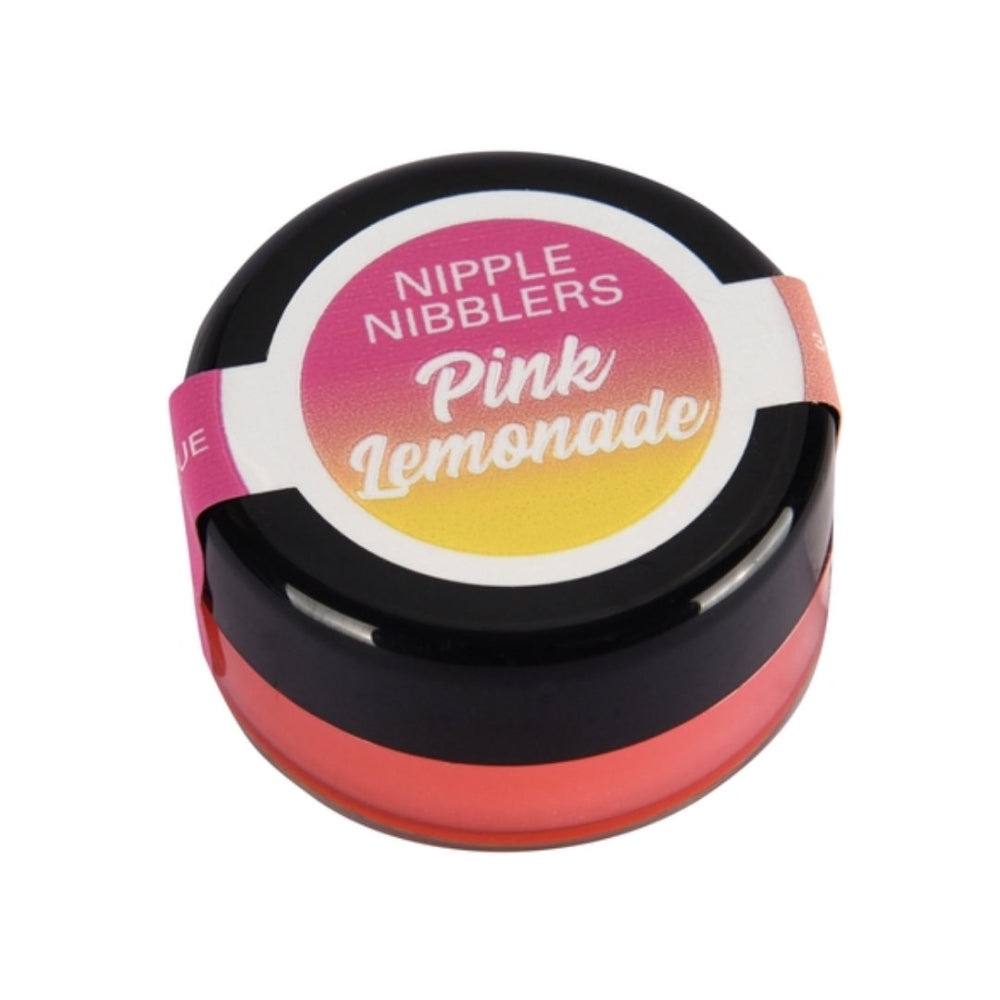Round container labeled "Nipple Nibblers Pink Lemonade" against a white background.