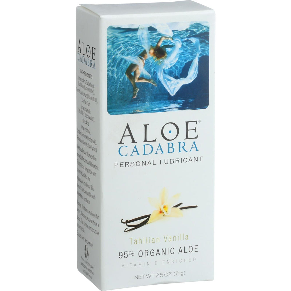 The 2.5oz package of Tahitian Vanilla flavored lube by Aloe Cadabra, a natural aloe based lubricant. The package shows an image of a woman swimming underwater. The packaging is white with blue text. The right side of the package is visible which lists the ingredients.