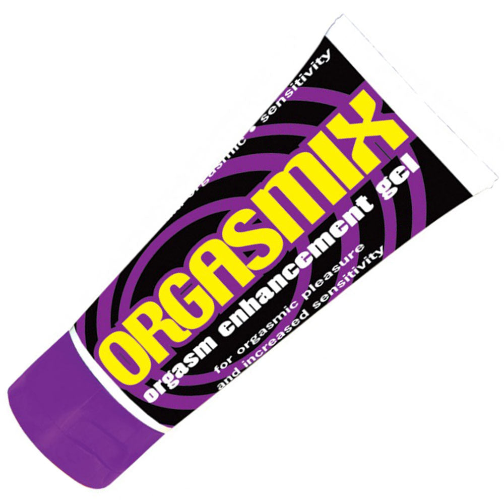 The image displays a tube of Orgasmix Orgasm 1oz Gel, prominently featuring a purple cap and a label with bold, striking designs. The product is specifically designed for enhancing sexual pleasure by applying a small amount onto the clitoral or head area of the penis, resulting in a throbbing sensation.