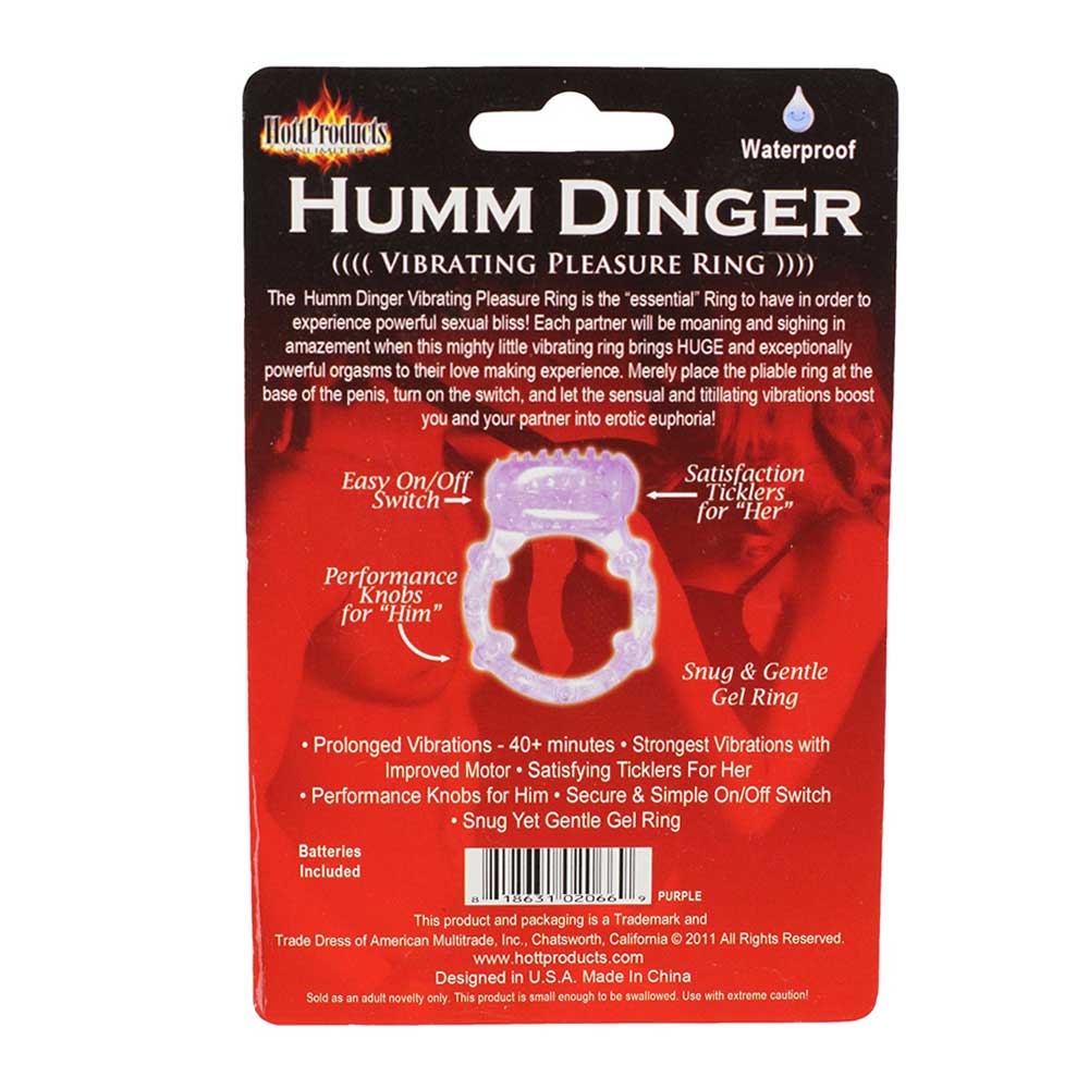 The product image shows a purple vibrating cock ring on a red and black packaging. The packaging highlights features such as being waterproof, easy on/off switch, and 40+ minutes of strong vibrations.