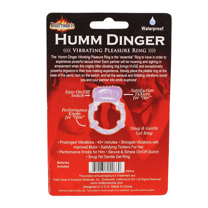 The product image shows a purple vibrating cock ring on a red and black packaging. The packaging highlights features such as being waterproof, easy on/off switch, and 40+ minutes of strong vibrations.