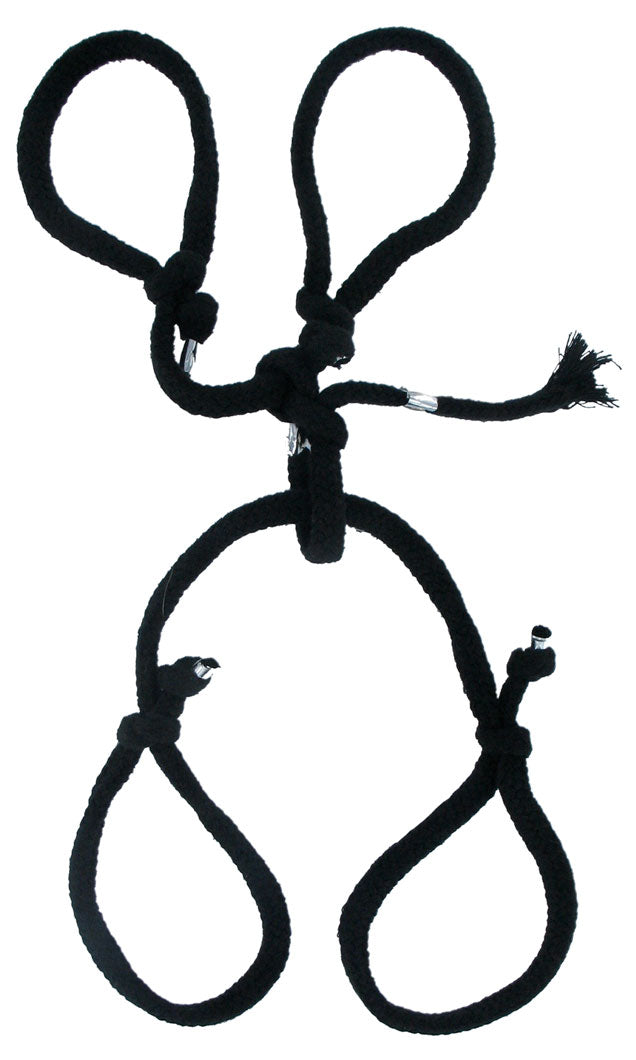 A black silk rope hogtie restraint toy with adjustable knots and frayed ends.