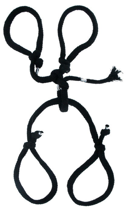 A black silk rope hogtie restraint toy with adjustable knots and frayed ends.