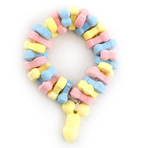 Colorful candy edible penis bracelete on a whte back ground