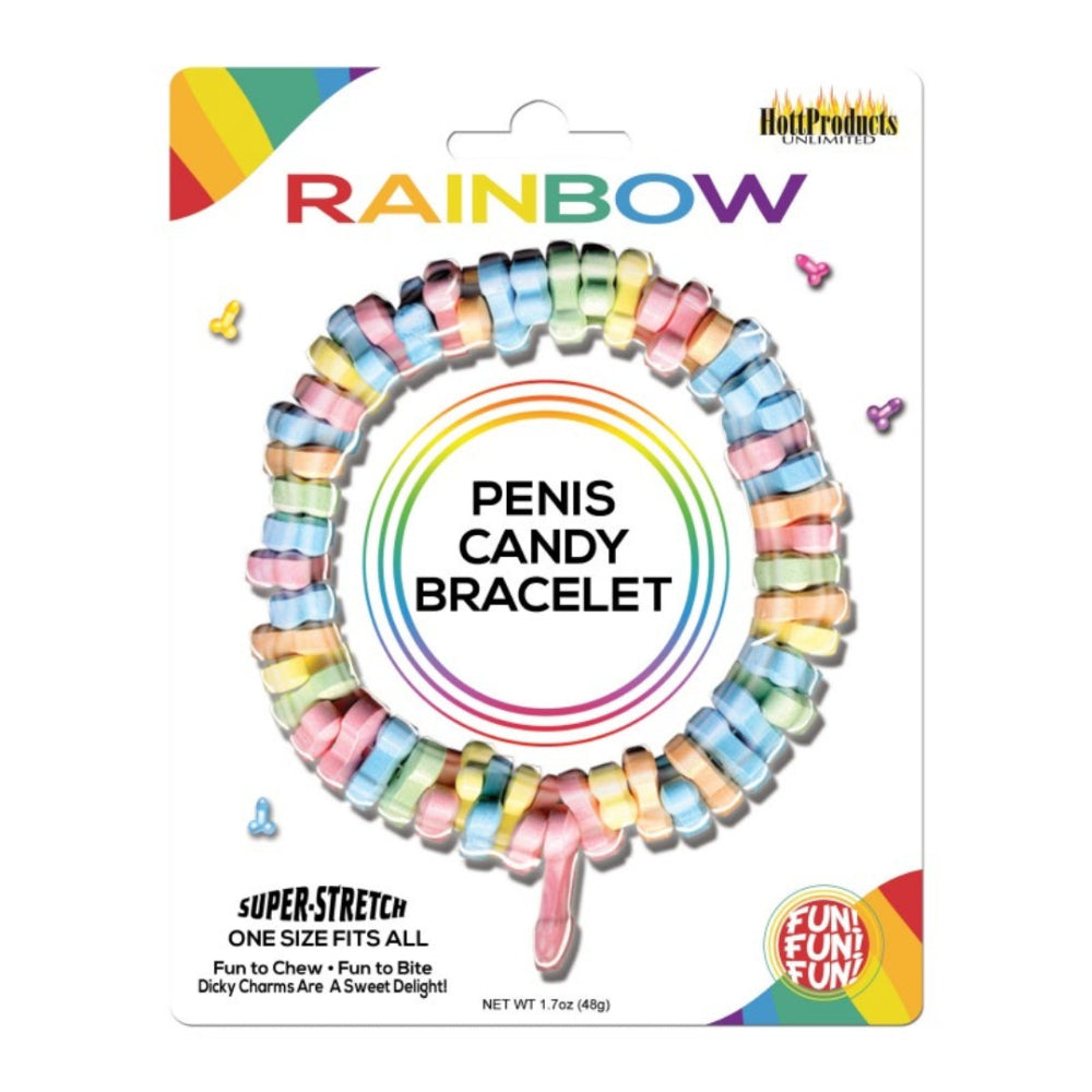 Rainbow-colored candy bracelet packaging with 'Holt Products' branding on a white background.