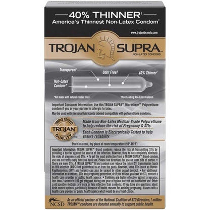 Packaging of Trojan Bareskin Supra Non Latex Condoms showing the product name and features such as being 40% thinner and latex free.