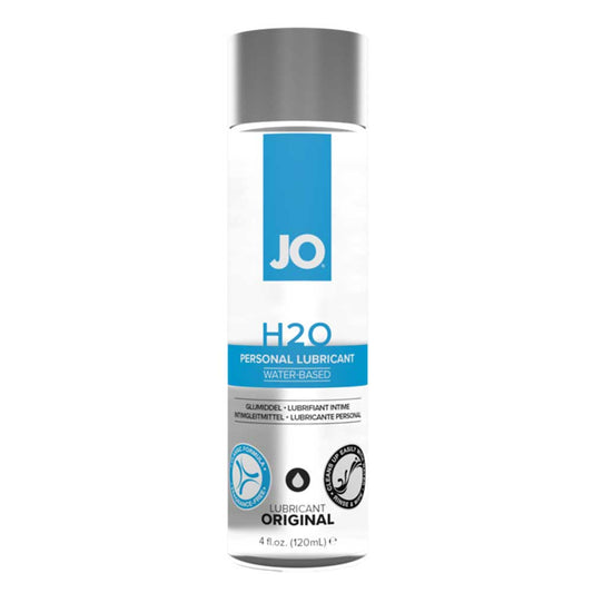 A bottle of Jo H2O personal lubricant, 4oz size, with packaging that indicates it is toy and condom safe.