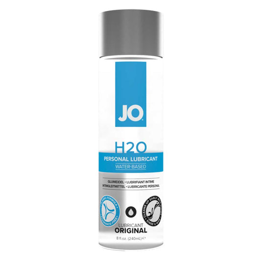 A bottle of Jo H2O Personal Lubricant in 8oz size with a blue label, indicating it is toy and condom safe.