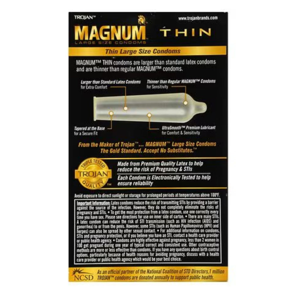 Condom packaging with detailed product information and branding.