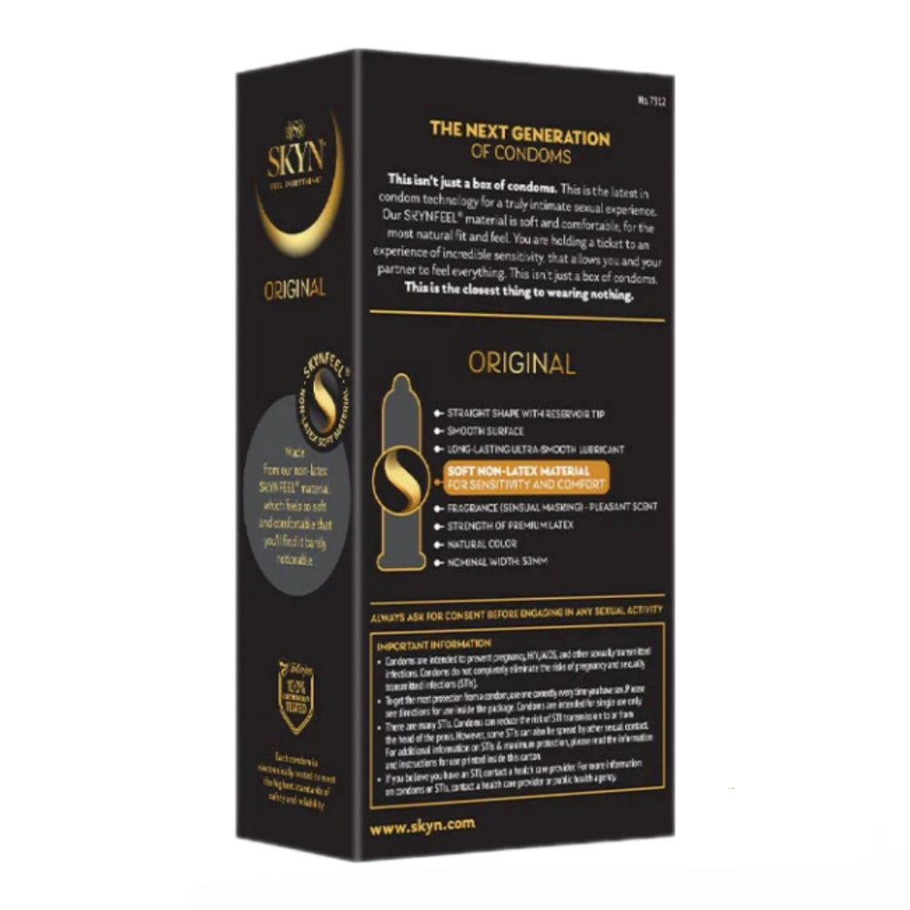 SKYN condom packaging with black and gold design on a white background