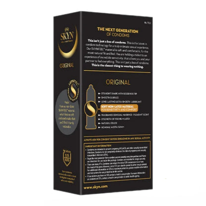 SKYN condom packaging with black and gold design on a white background