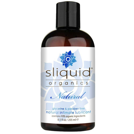 Bottle of Sliquid Organics Natural Water Based Lube with a white and blue label, displaying the product name and size.