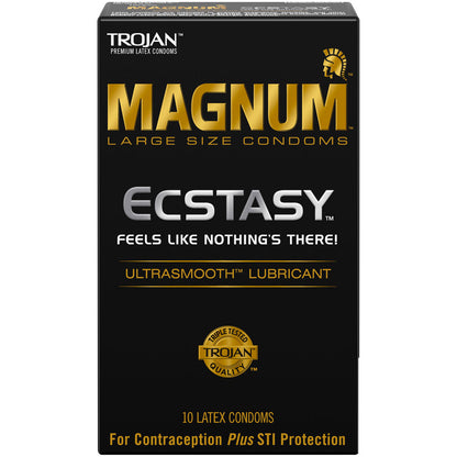 Packaging for Trojan Magnum Ecstasy Large Condoms. The box is predominantly black with gold and white text, and it states that it contains 10 latex condoms with 'Ultrasmooth Lubricant'.