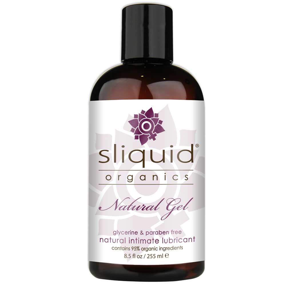 Bottle of Sliquid Organics Gel Water Based Lube with a purple label, 8.5oz size.