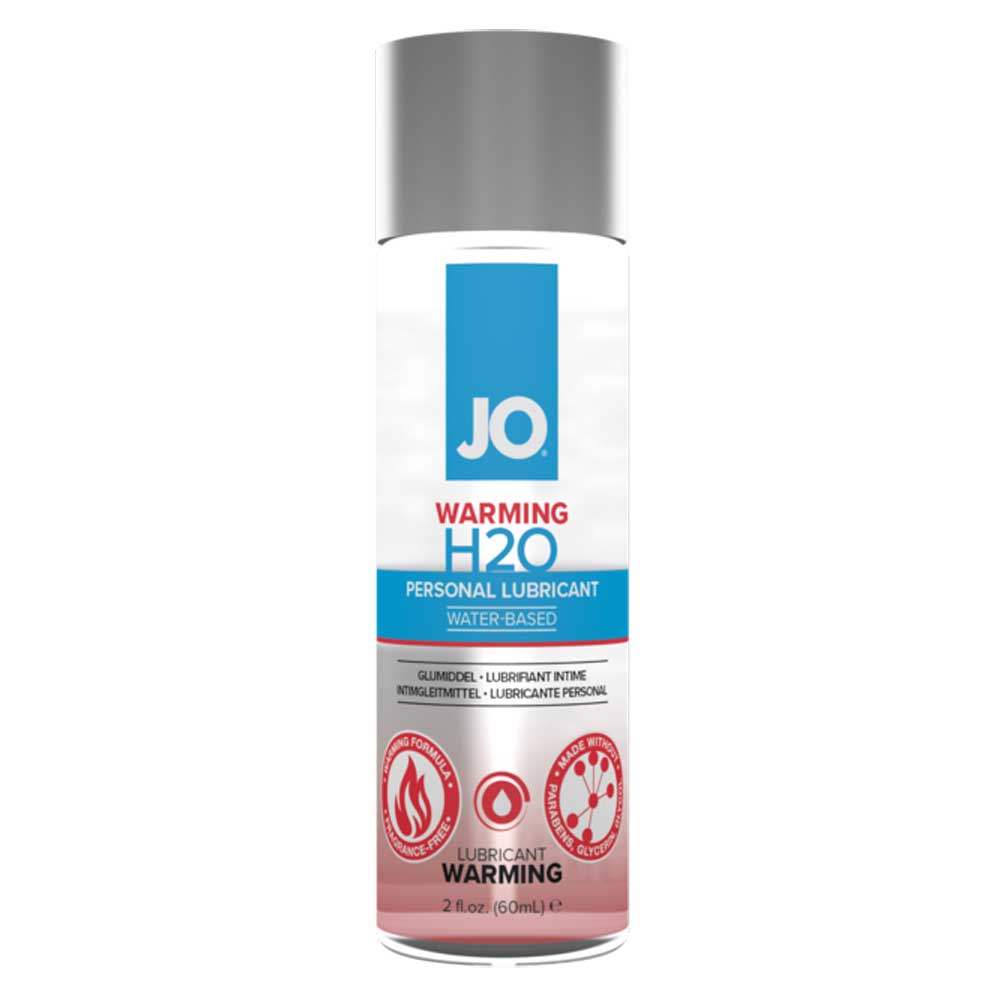 A bottle of Jo H2O Warming Personal Lubricant, 2oz size, with a white and blue label, marked as condom safe.