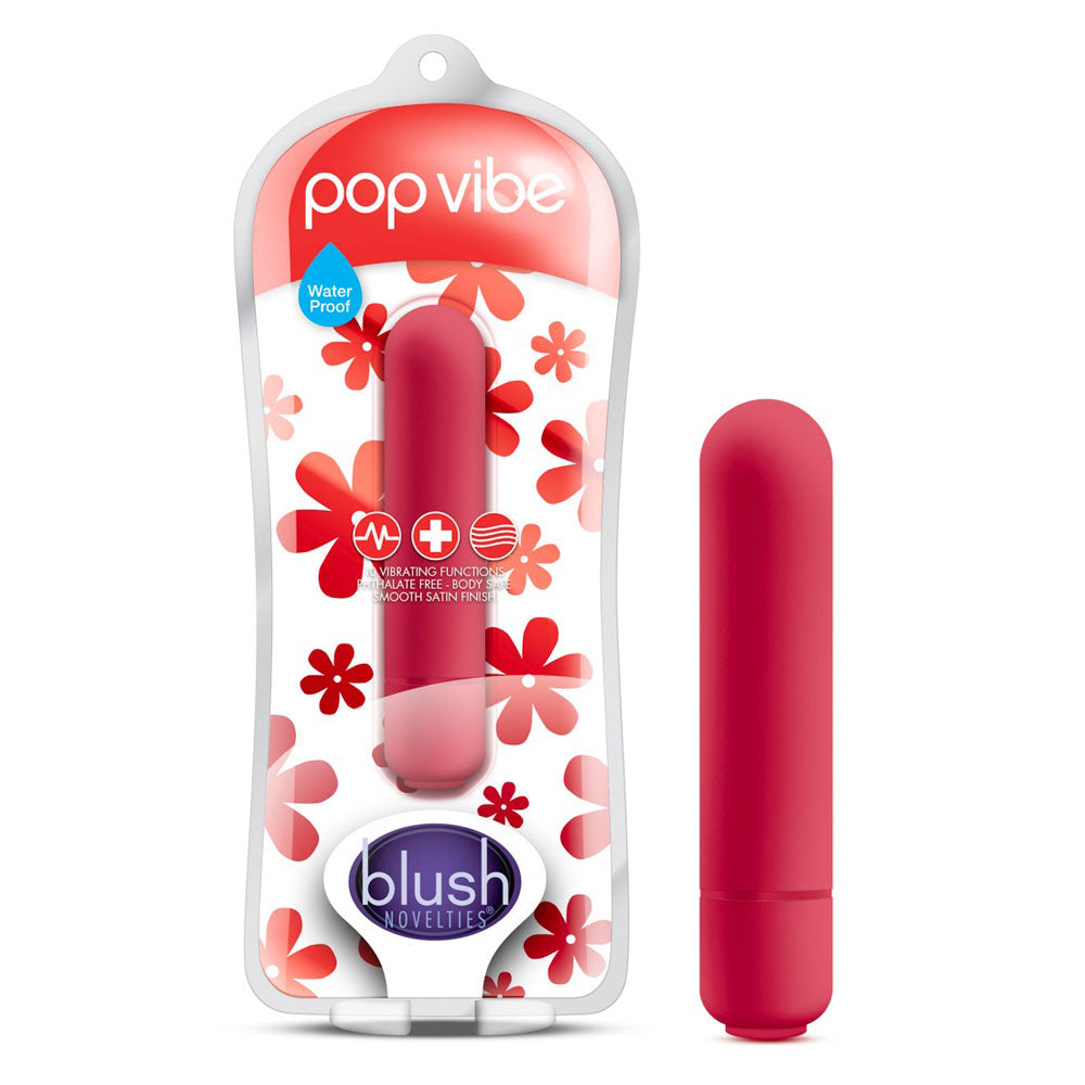 A cherry red bullet vibrator named Pop Vibe from Blush Novelties, packaged in a floral-themed white box with the product name and branding visible.