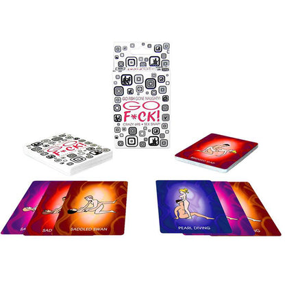 shows the go fuck game out of its box and shows the box and cards. on a white background.