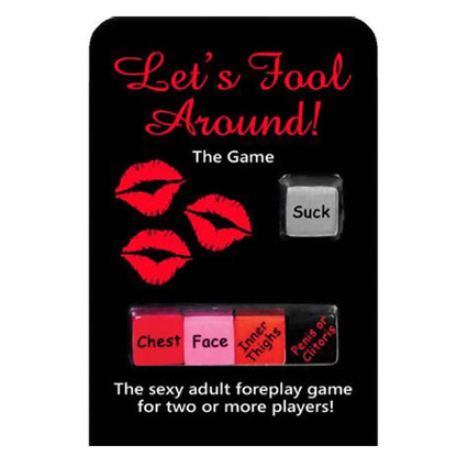 Shows lets fool around dice game. Package is black and photo has a whote background 