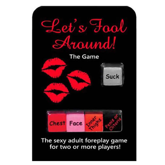 Shows lets fool around dice game. Package is black and photo has a whote background 