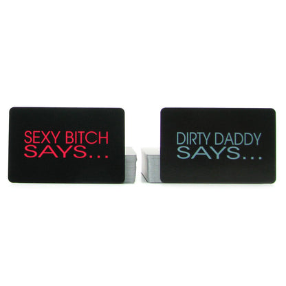 bedroom comands cards out of the pack. one card says "sexy bitch says" and the other says "dirty daddy says" on a white back ground