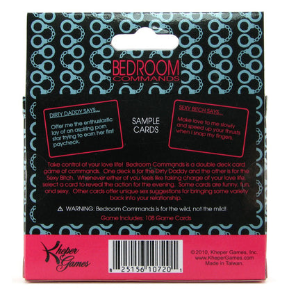 shows the bedroom comands card game back of box on a white background