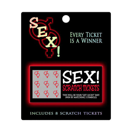 Sex-themed scratch tickets packaging with branding and text on a black background