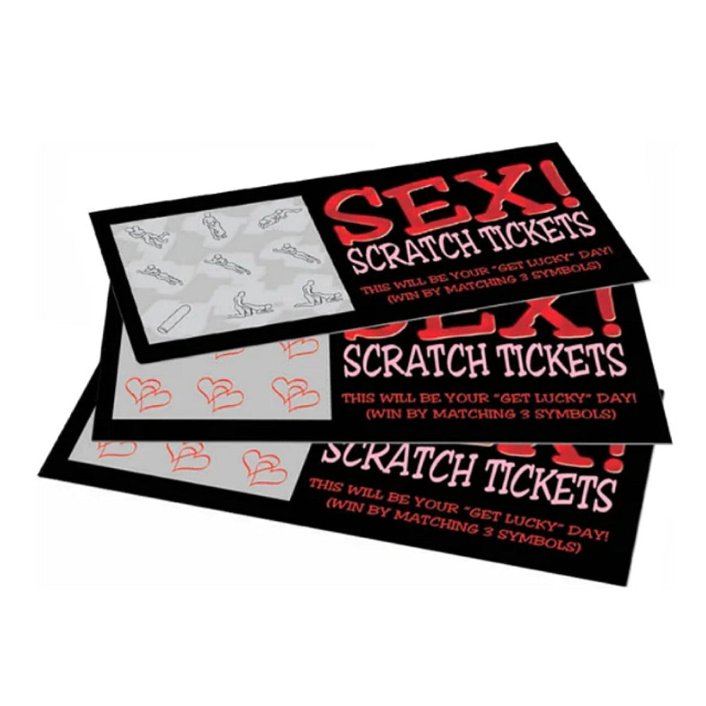 Sex-themed scratch tickets with red and black text on a white background