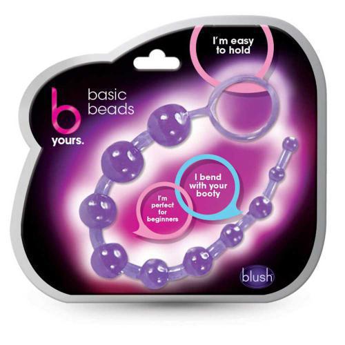 A set of purple anal beads attached to a loop with a chain, packaged in a black and pink box with text highlighting features such as being easy to hold and perfect for beginners.