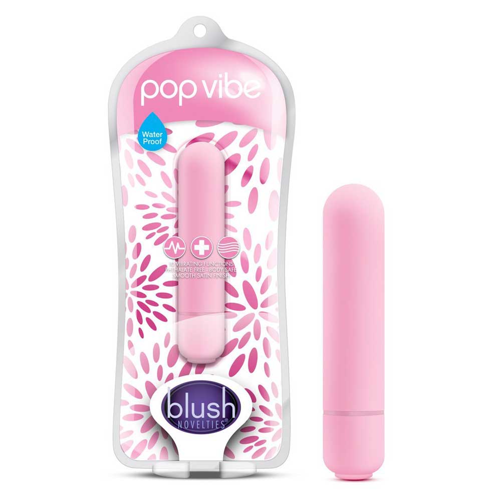 A small, pink bullet vibrator displayed in its packaging, which is decorated with a floral pattern and the brand name 'Blush'. The packaging is clear, revealing the product inside.