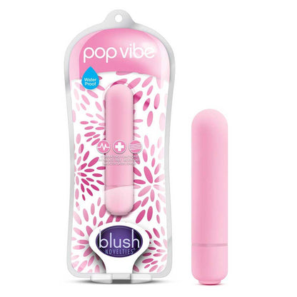 A small, pink bullet vibrator displayed in its packaging, which is decorated with a floral pattern and the brand name 'Blush'. The packaging is clear, revealing the product inside.