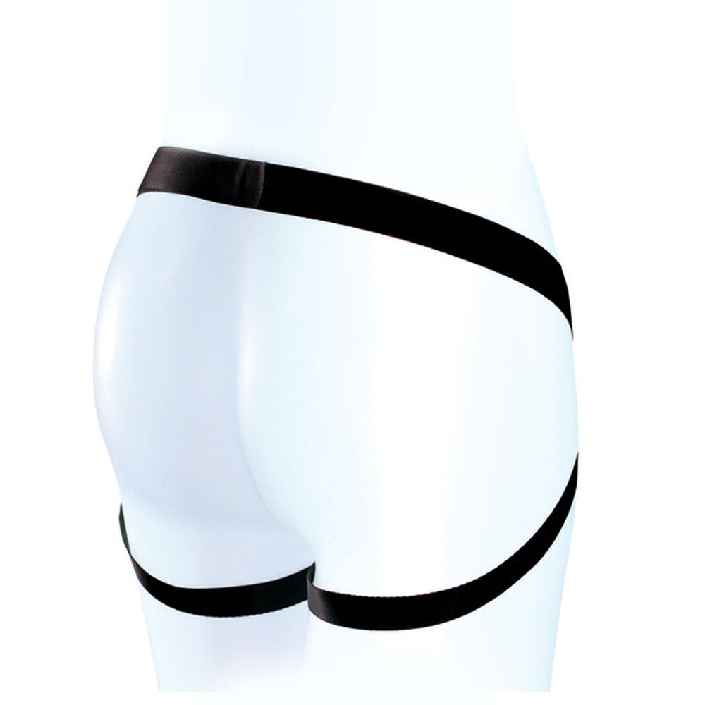 shows the back of a dildo harness out of it's box on a white background