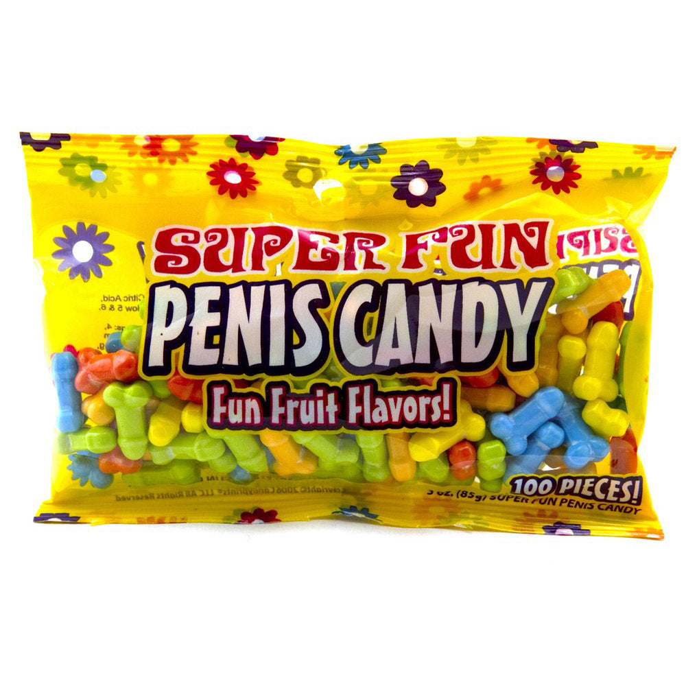shows suoer fun penis candy with it's package. multi colored candy on a white background