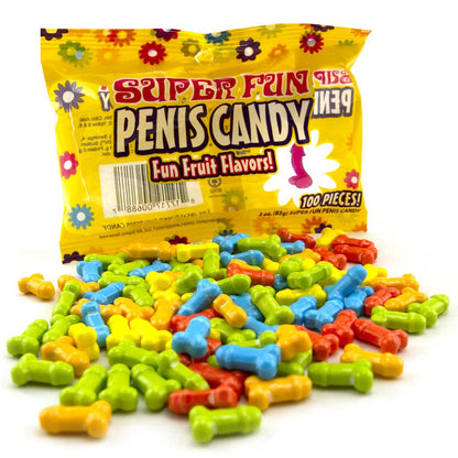 shows the the package of Super fun penis shaped candies. and has the candy spread out in front of it on a white background.