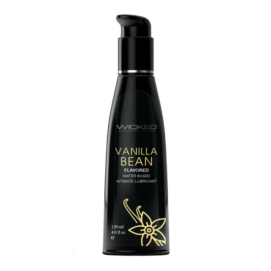 Black bottle of Wicked Vanilla Bean flavored lubricant on a white background