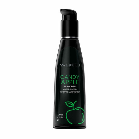 Black bottle of Wicked Candy Apple flavored water-based lubricant on a white background