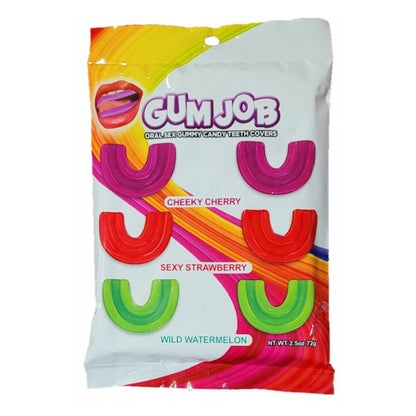 The image shows a product packaging for Gum Job, which includes three sets of edible gummy teeth covers in different flavors: Cherry Pie, Succulent Strawberry, and Wild Watermelon. The gummies are displayed in an transparent plastic packaging with vibrant color labels.