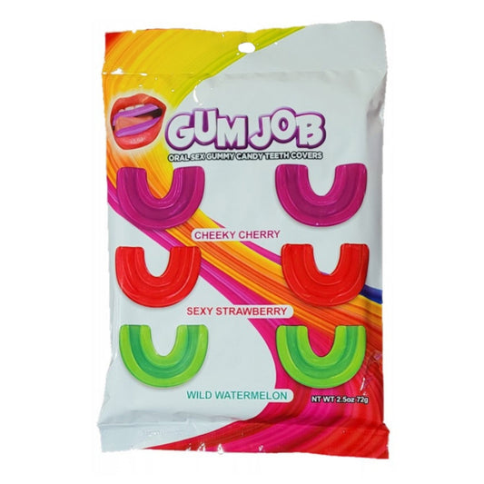 The image shows a product packaging for Gum Job, which includes three sets of edible gummy teeth covers in different flavors: Cherry Pie, Succulent Strawberry, and Wild Watermelon. The gummies are displayed in an transparent plastic packaging with vibrant color labels.