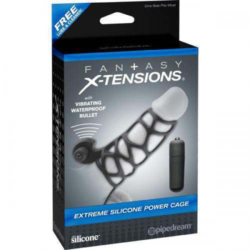 The product image shows a packaged Fantasy X-Tensions Extreme Silicone Power Cage, which is a black textured silicone sleeve with a vibrating bullet. The packaging highlights its features including the vibrating function and silicone material.