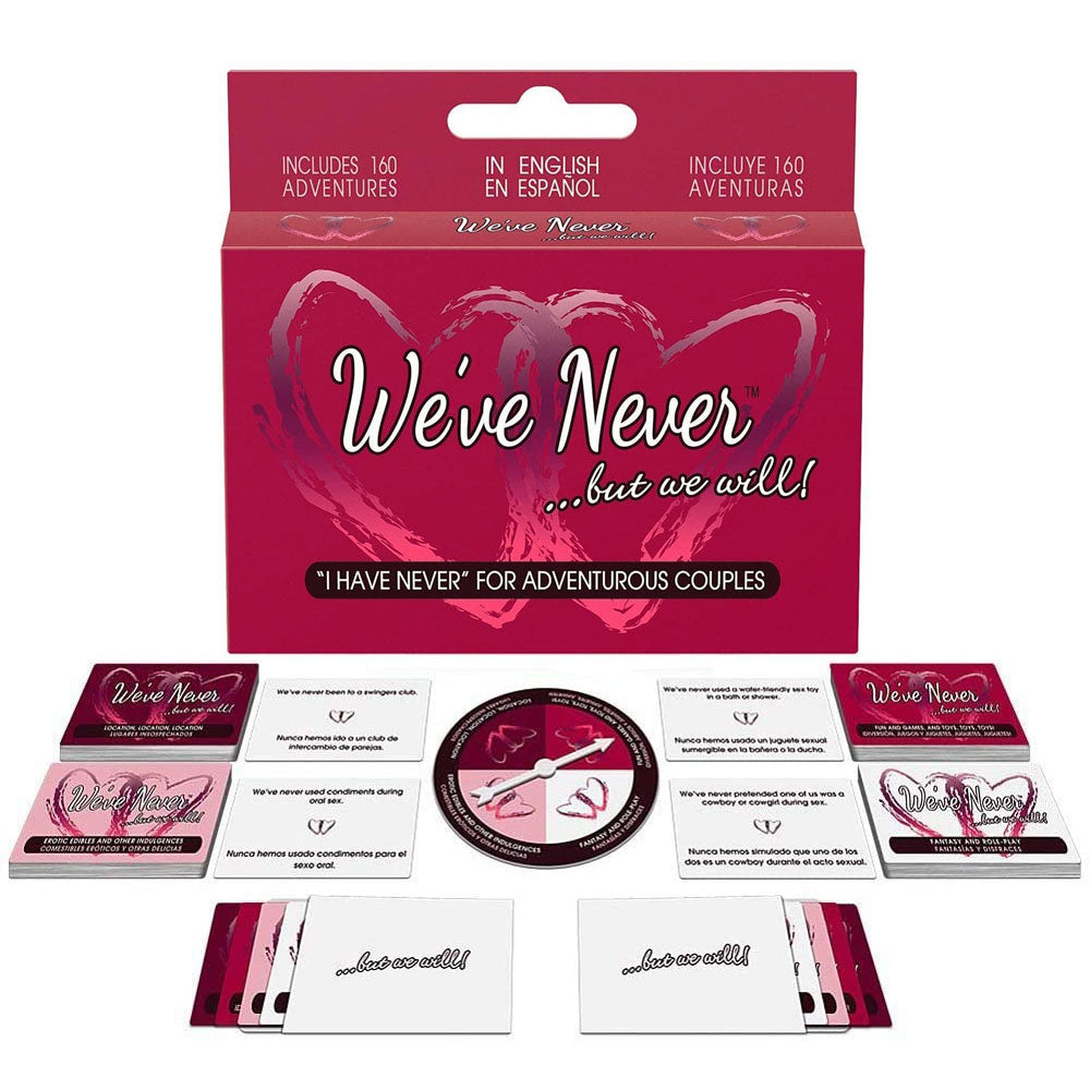 The product image shows the packaging and contents of a card game named 'We've Never .