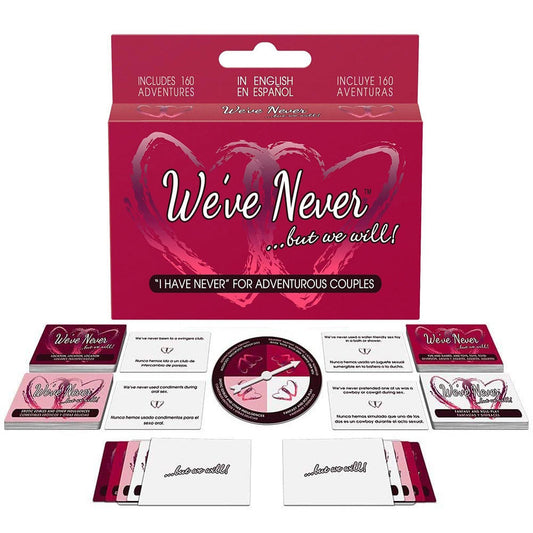 The product image shows the packaging and contents of a card game named 'We've Never .
