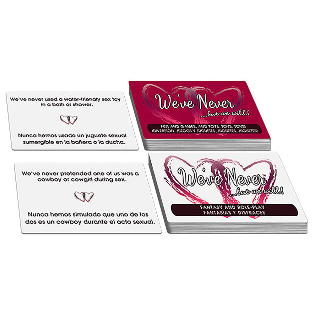a picture of the adult couples card game We Never But We Will. The image shows what the cards look like out of the box. This give an example of the gme play. on a white background