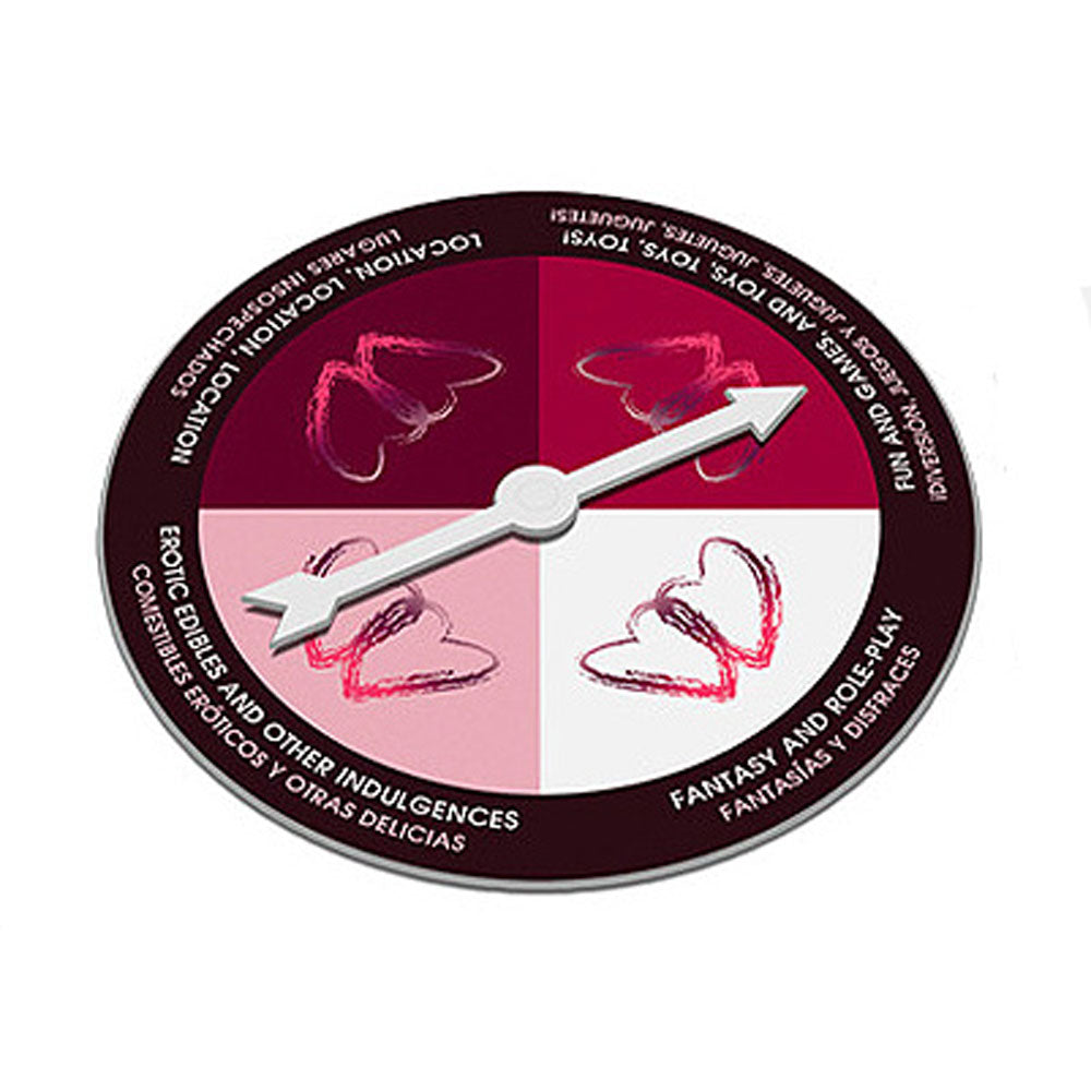 Image shows the spinner that is included in the We never But we Will couples game. on a white background.