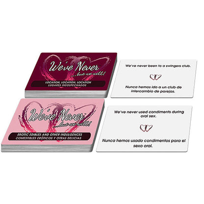 image shows the we never but we will card game out of it's box. Also has examples of the questions on the cards. Image is on a white background