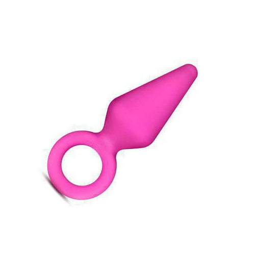 Image shows a pink silicone butt plug. The base has a ring for easy use. on a white background