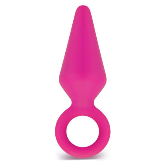 Photo shows a medium size anal butt plug. The base is a ring for ease of use. Photo is on a white background.