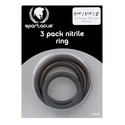 Packaging of Spartacus Nitrile Cock Ring Set showing three black cock rings of different sizes.