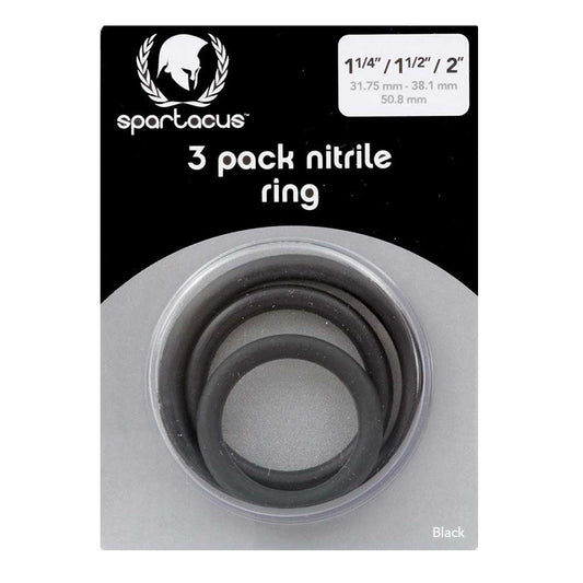 Packaging of Spartacus Nitrile Cock Ring Set showing three black cock rings of different sizes.
