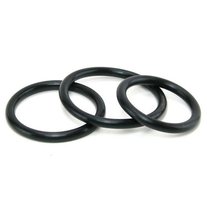 Shows 3 black cock rings on a white background